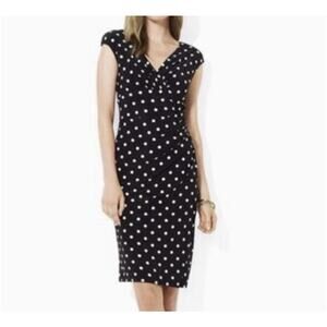 LAUREN RALPH LAUREN Black White Polka Dot Stretch Jersey Ruched Sheath Dress